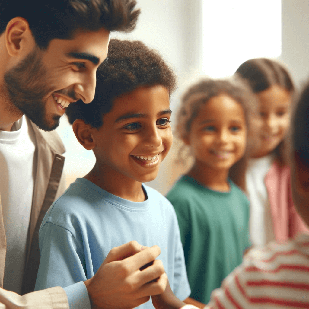 Alternatieve tekst voor SEO: "Een hartverwarmende scène vastgelegd bij ZML Nederland, toont een toegewijde zorgprofessional die met een lach een groep diverse kinderen begeleidt, weerspiegelt de kernprincipes van #Jeugdzorg en #AmbulanteZorg. Bij #ZorgMetLiefde Nederland staat #OndersteuningOpMaat centraal, ter bevordering van de ontwikkeling en het welzijn van elk kind.